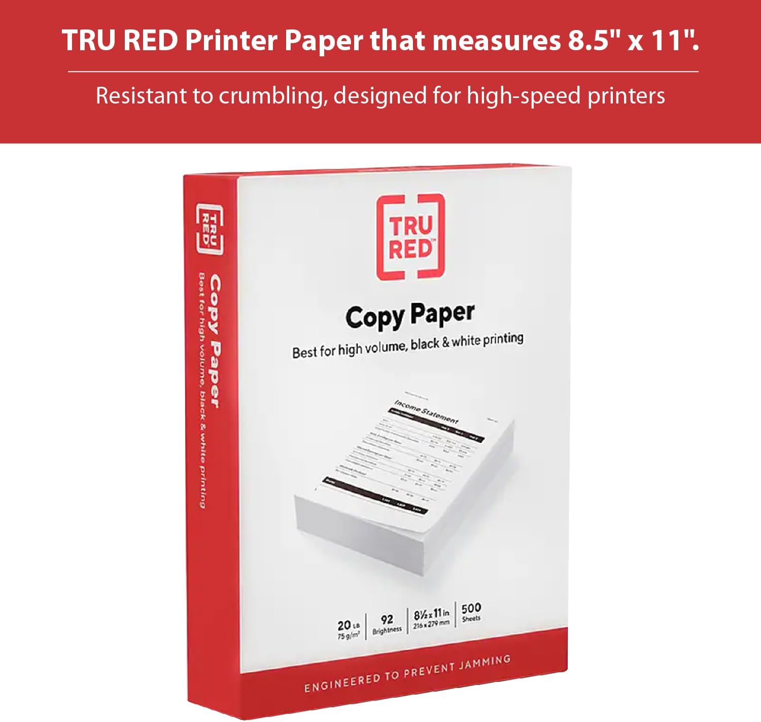 Staples TRU RED Copy & Printer Paper, 8.5 x 11, 20 lb, 92 Bright, 5,000 Sheets/Carton, White Letter Size Paper for Office, School & Home