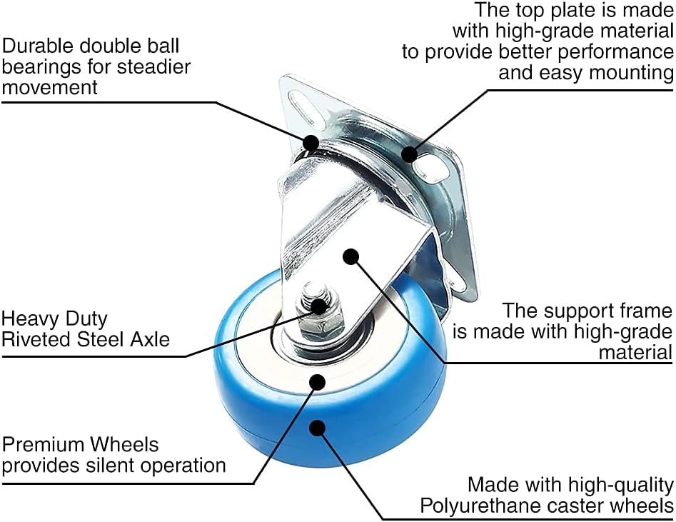 50 Pack Caster Swivel Plate On Blue Polyurethane Wheels (2" no brake)
