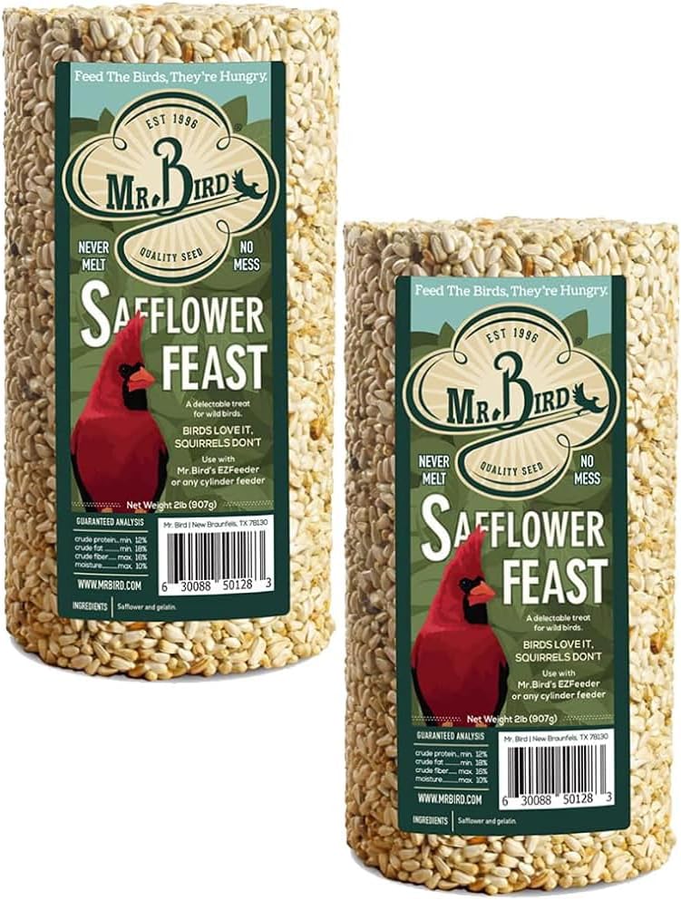2-Pack Mr. Bird Safflower Feast Wild Bird Seed Cylinder 28oz | Wild Bird Food for Outdoor Birds | Backyard Birdfeeding | Squirrel Resistant