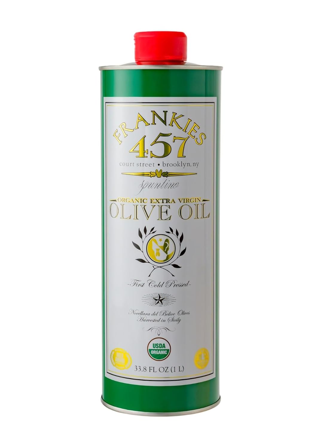 Frankies 457 Organic Extra Virgin Olive Oil, 33.8 fl oz (1L) | Premium 100% Castelvetrano Olive Oil, High Polyphenol, First Cold Pressed, Early Harvest in Sicily