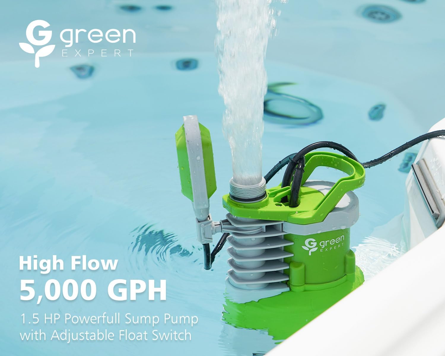 Green Expert 1.5HP Submersible Sump Pump High Flow 5000GPH 25ft Power Cord Manual Automatic On/Off for Water Removal from Basement Sump Pit Pools