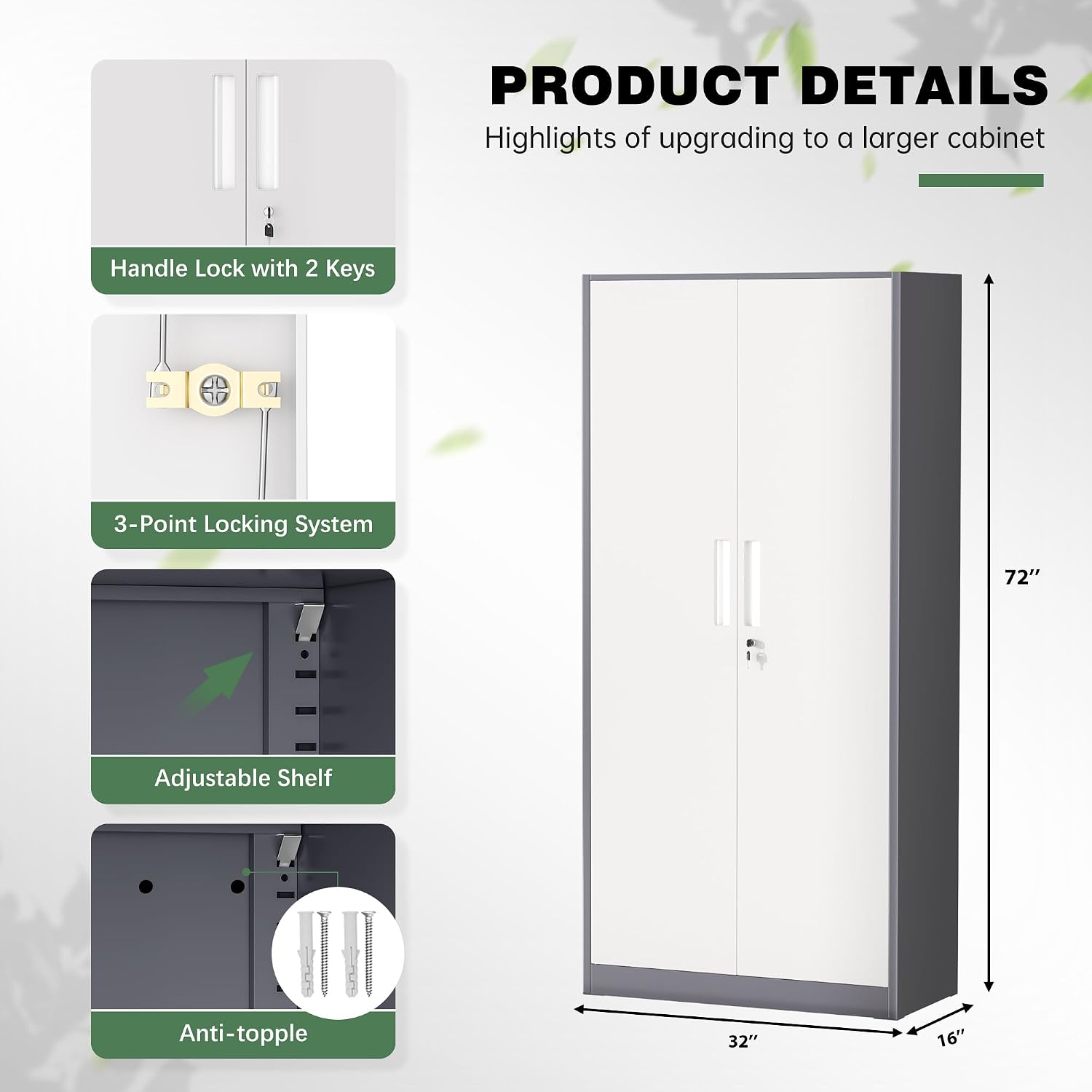 Greenvelly Steel SnapIt Storage Cabinet, 72" Locking Metal Garage Storage Cabinet with 4 Adjustable Shelves, 2 Doors and Lock for File, Office, Garage