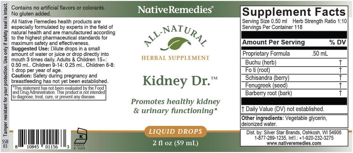 Native Remedies Kidney Dr. - All Natural Herbal Supplement for Kidney and | Urinary System Health - 59 mL