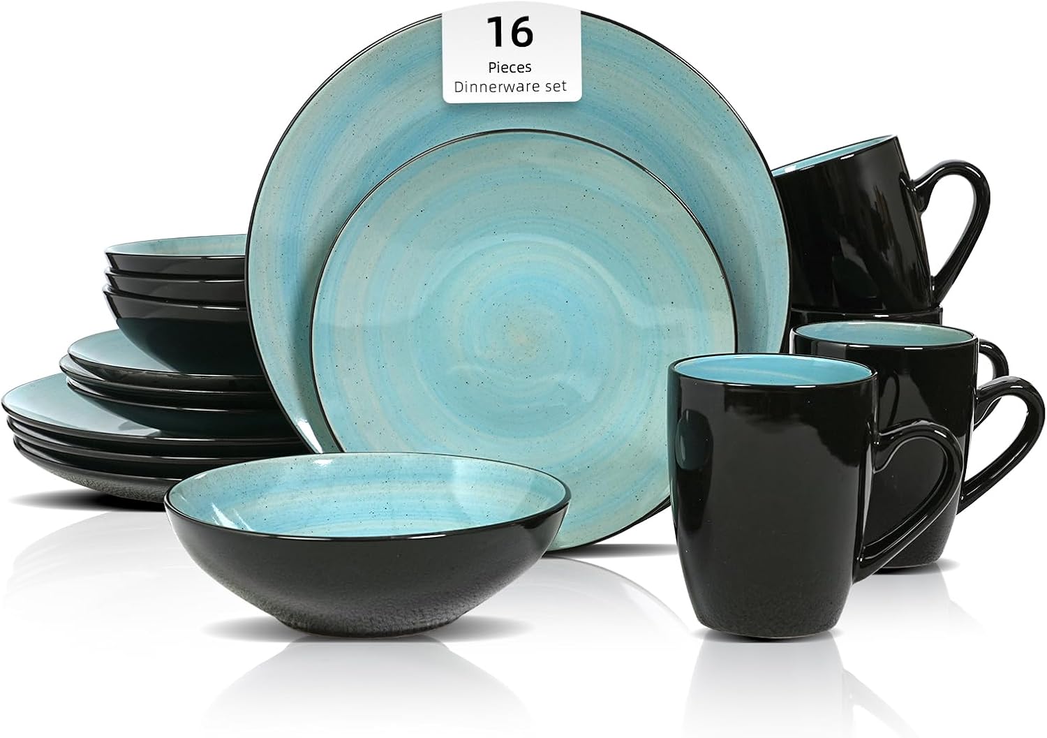 HomeVss, Sonoma Stoneware Dinnerware Set, Outside Black + Inside Hand Painting Color (16pc Set, Grey)