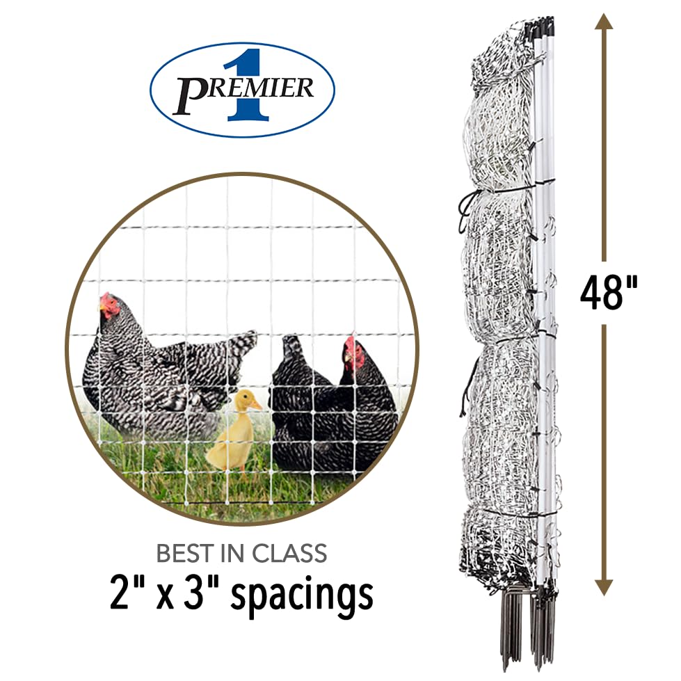 Premier 1 PoultryNet® Plus, Starter Kit for Chickens – 48"H x 100'L | White/black. Includes solar energizer, support posts & tester. Double spike