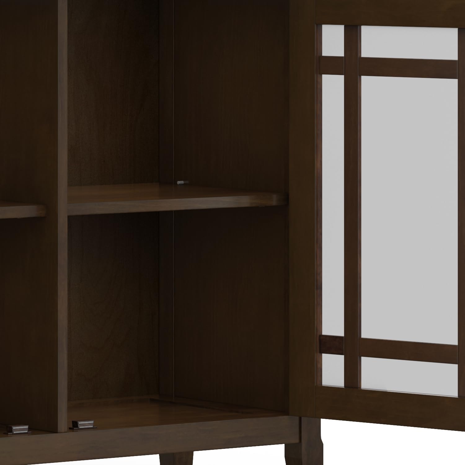 SIMPLIHOME Bedford 62" Wide Solid Wood Sideboard in Brunette Brown | Transitional low media console with glass doors and storage shelves for the living room, entryway or dining room.