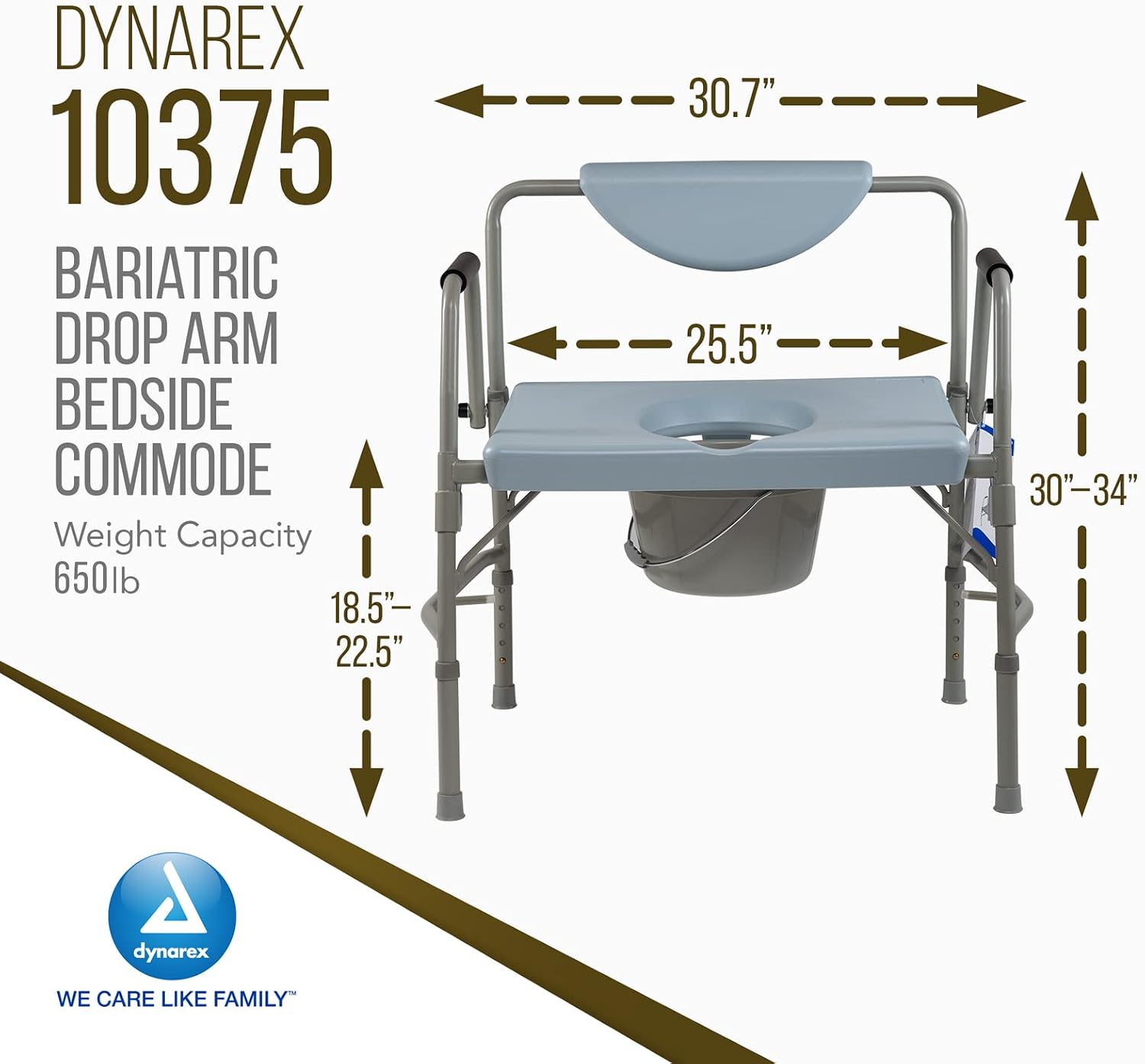 Dynarex Bariatric Drop Arm Bedside Commode, Multi-Use Portable Toilet Chair with 650 Pound Weight Capacity and a Heavy-Duty Steel Frame, Grey