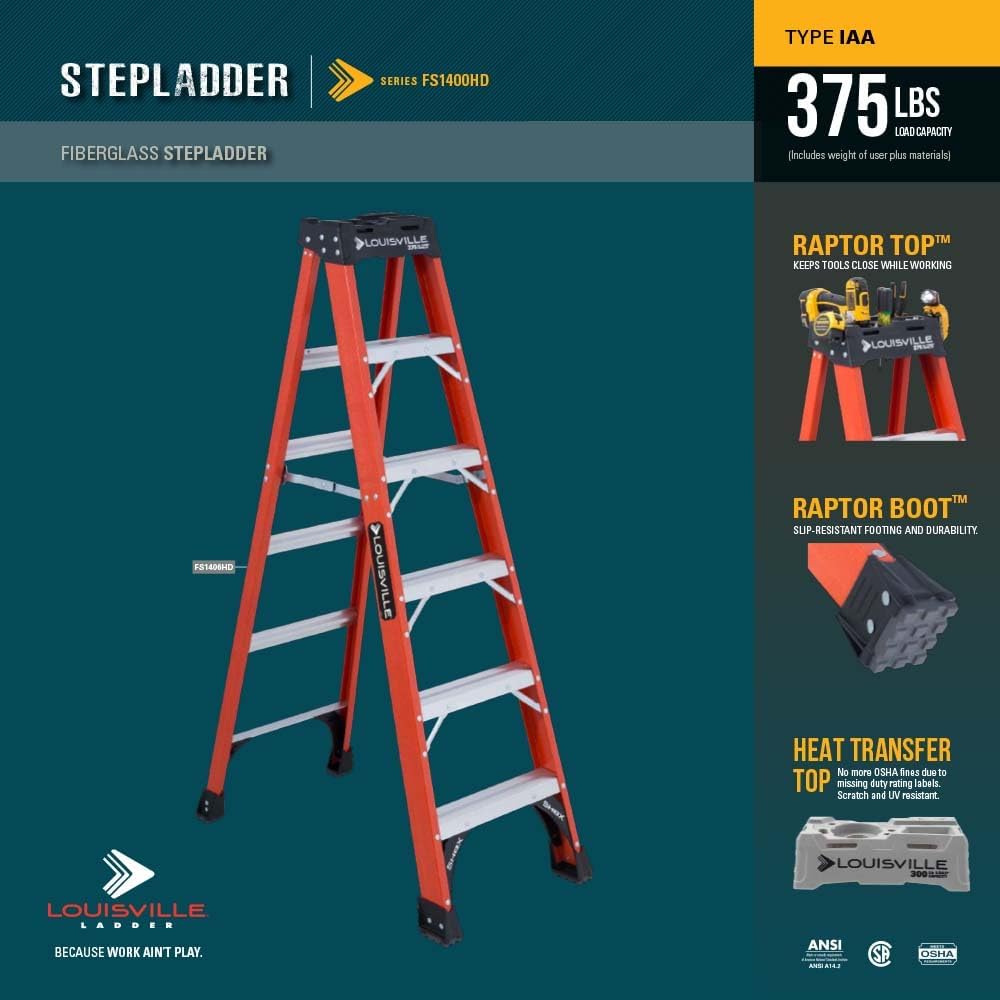 Louisville Ladder 6-Foot Fiberglass Step Ladder, 375-Pound Load Capacity, Type IAA, FS1406HD