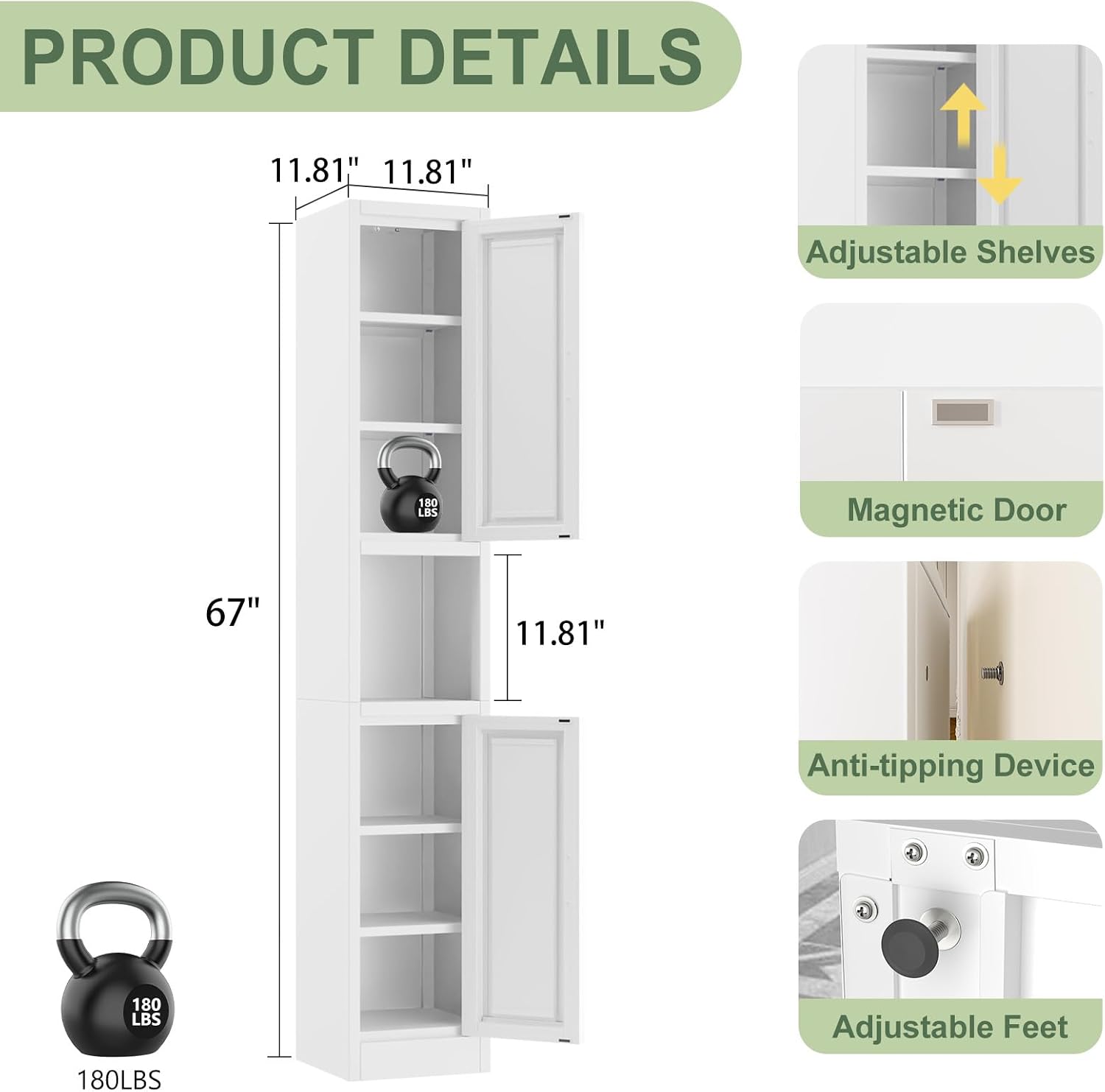 pozdeg 67" Tall Narrow White Metal Storage Cabinet | 2 Doors, 4 Adjustable Shelves, Freestanding Slim Pantry Organizer for Bathroom Kitchen Living Room