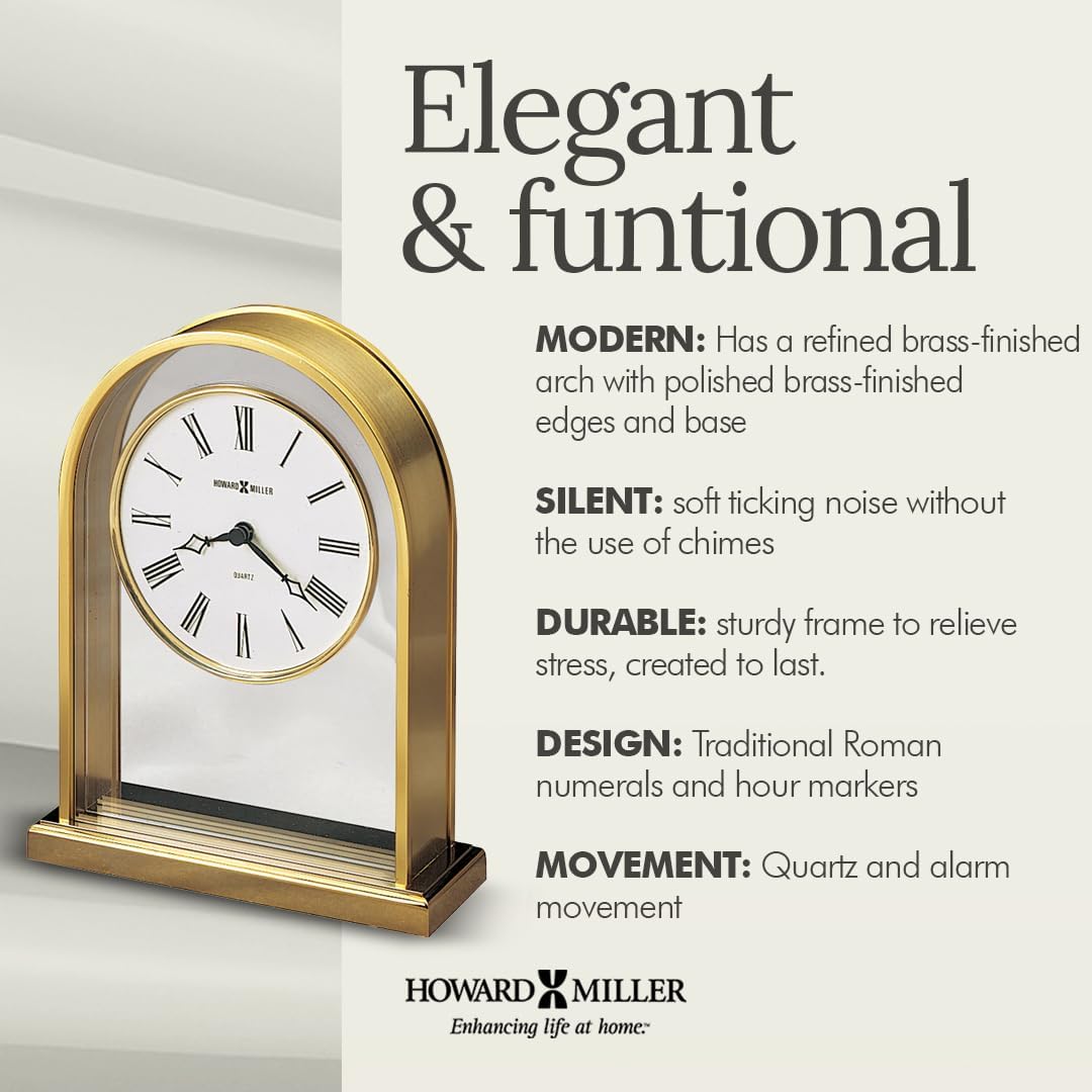 Howard Miller Reminisce Table Clock | Polished Brass Finish, Quartz Movement, Roman Numeral Analog Dial