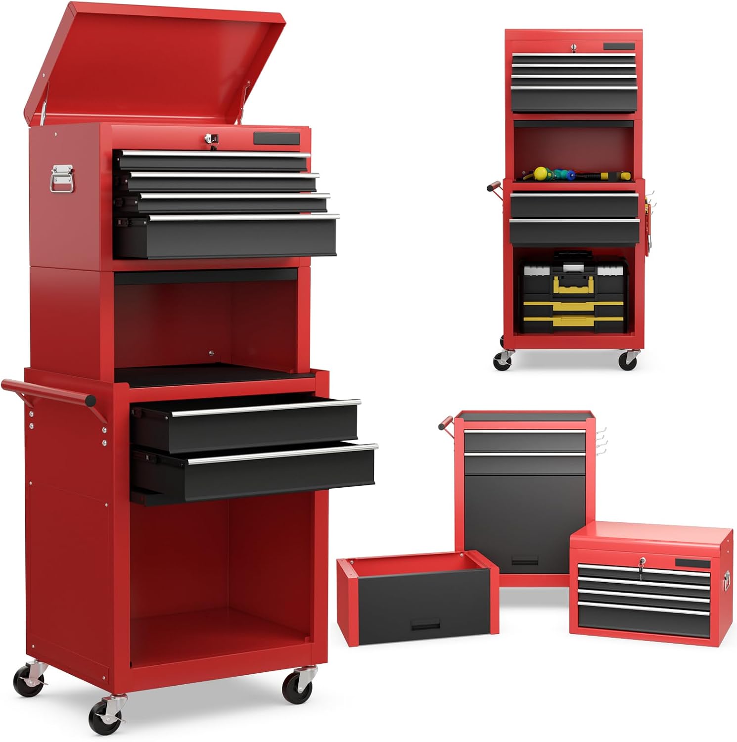 Goplus Rolling Tool Chest, 5-Drawer Tool Box Organizer w/Lockable Wheels & Sliding Drawers & Detachable Top & Adjustable Shelf, Tool Storage Cabinet for Garage Workshop (Red)