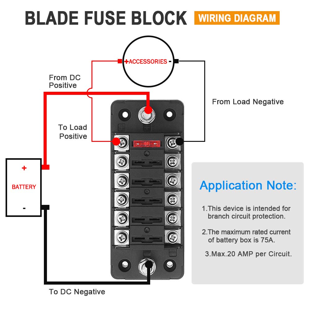 ELECTOP 6 Way 12V/24V Fuse Block Blade with Negative Bus