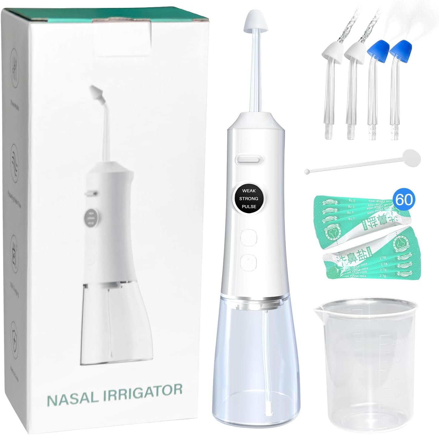 Nasal Irrigation System, Electric Nasal Rinse Machine for Sinus Relief & Nasal Care, Cordless Neti Pot with 4 Tips & 60 Salt Packs