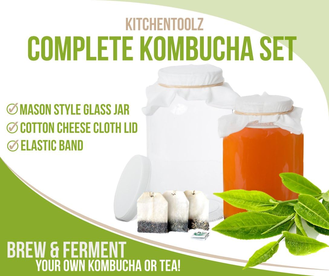 1 Gallon Glass Wide Mouth Kombucha Brewing Mason Jar - Home Brewing and Fermenting Kit with Cotton Cloth Filter, Rubber Band and Plastic Lid (1 Jar)