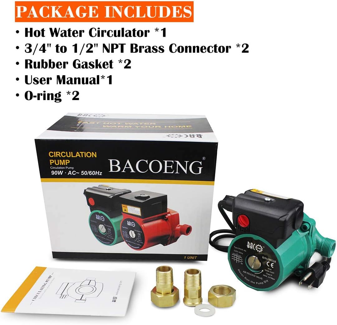 BACOENG Hot Water Recirculating Pump, Stainless Steel Head, Circulation Pump NPT 3/4", 3-Speed Control, Circulating Pump for Water Heater System