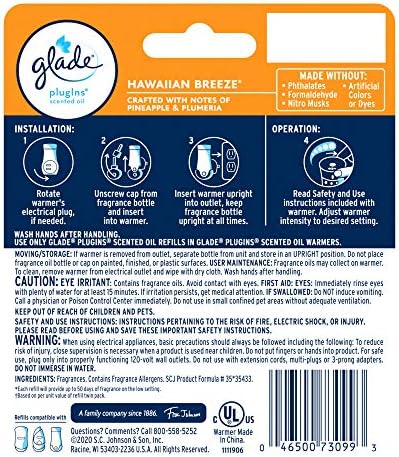 Glade PlugIns Refills Air Freshener Starter Kit, Hawaiian Breeze, Scented and Essential Oils for Home and Bathroom, 0.67 Fl Oz, 1 Warmer + 1 Refill