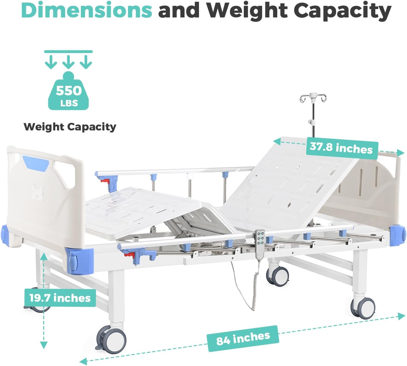 Premium 3 Function Full Electric Hospital Bed,Adjustable Medical Bed | 550LBS,4.7" Waterproof Mattress,Adjustable Height,One-Click CPR,Iv Pole,Germany Moter for Home Use Hospital Nursing Clinic