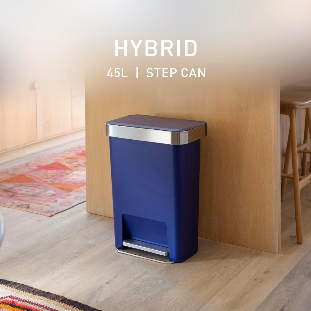 simplehuman Hybrid Step Can, 45L / 12 Gallon Rectangular Kitchen Trash Can, Liner Rim System, Liner Pocket®, 150,000-Step Pedal, Lid Shox® Silent Close, Black Plastic