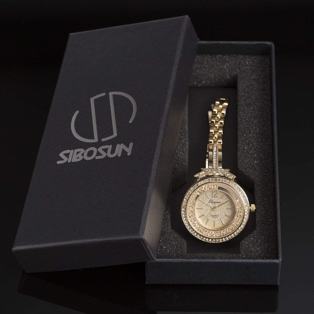 SIBOSUN Lady Women Wrist Watch Quartz Gold Stainless Steel Crystal Dress Fashion Bracelet