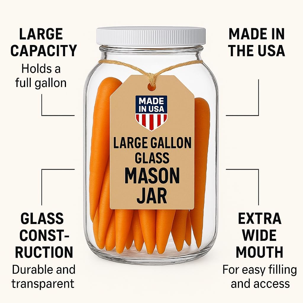 1 Gallon Glass Mason Jars – Extra Large Wide Mouth Jars with Airtight Lids – Perfect for Sourdough Starter, Fermenting, Pickling, and Storage – Made in the USA – Pack of 2