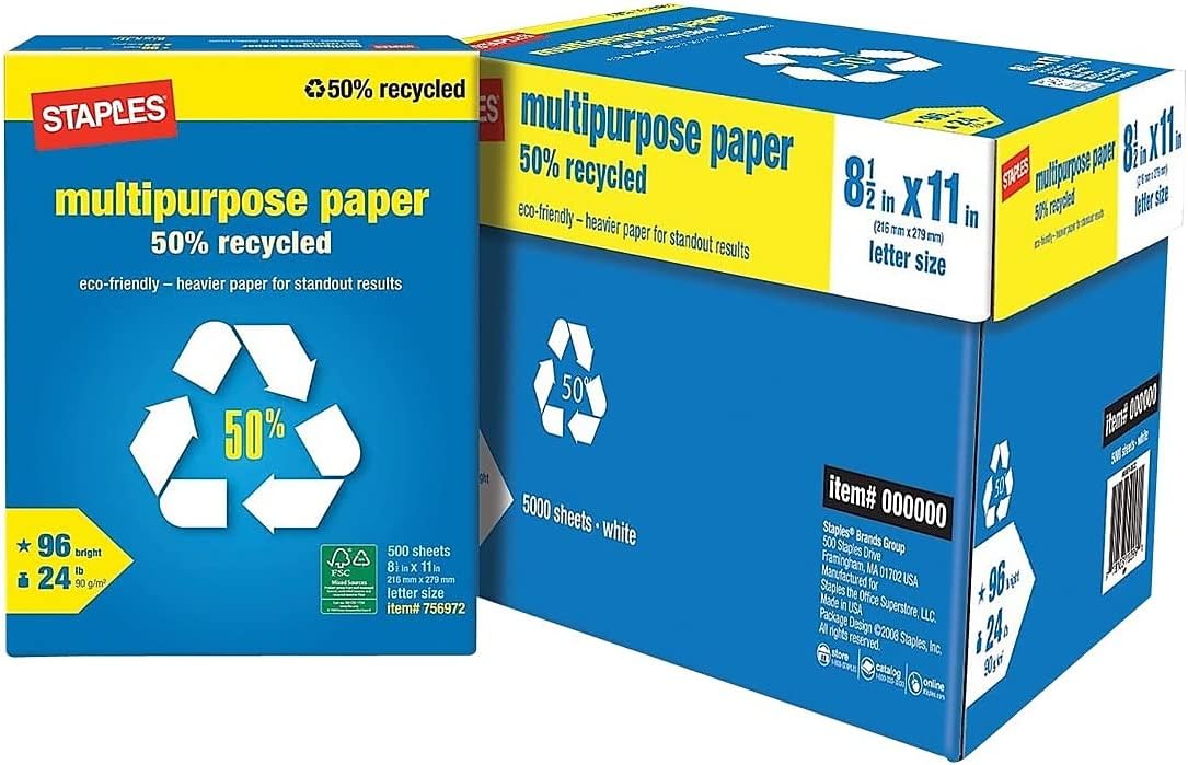 Staples 100% Recycled Printer Paper Bright White Copy/Fax/Laser/Inkjet, 500 Sheets