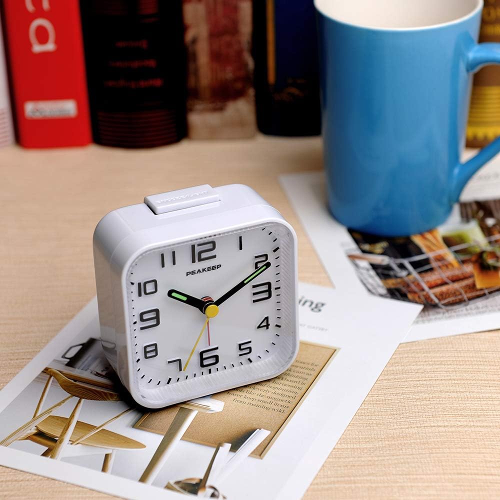 Peakeep Small Battery Operated Analog Travel Alarm Clock Silent | No Ticking, Lighted on Demand and Snooze, Beep Sounds, Gentle Wake, Ascending Alarm, Easy Set (Black)