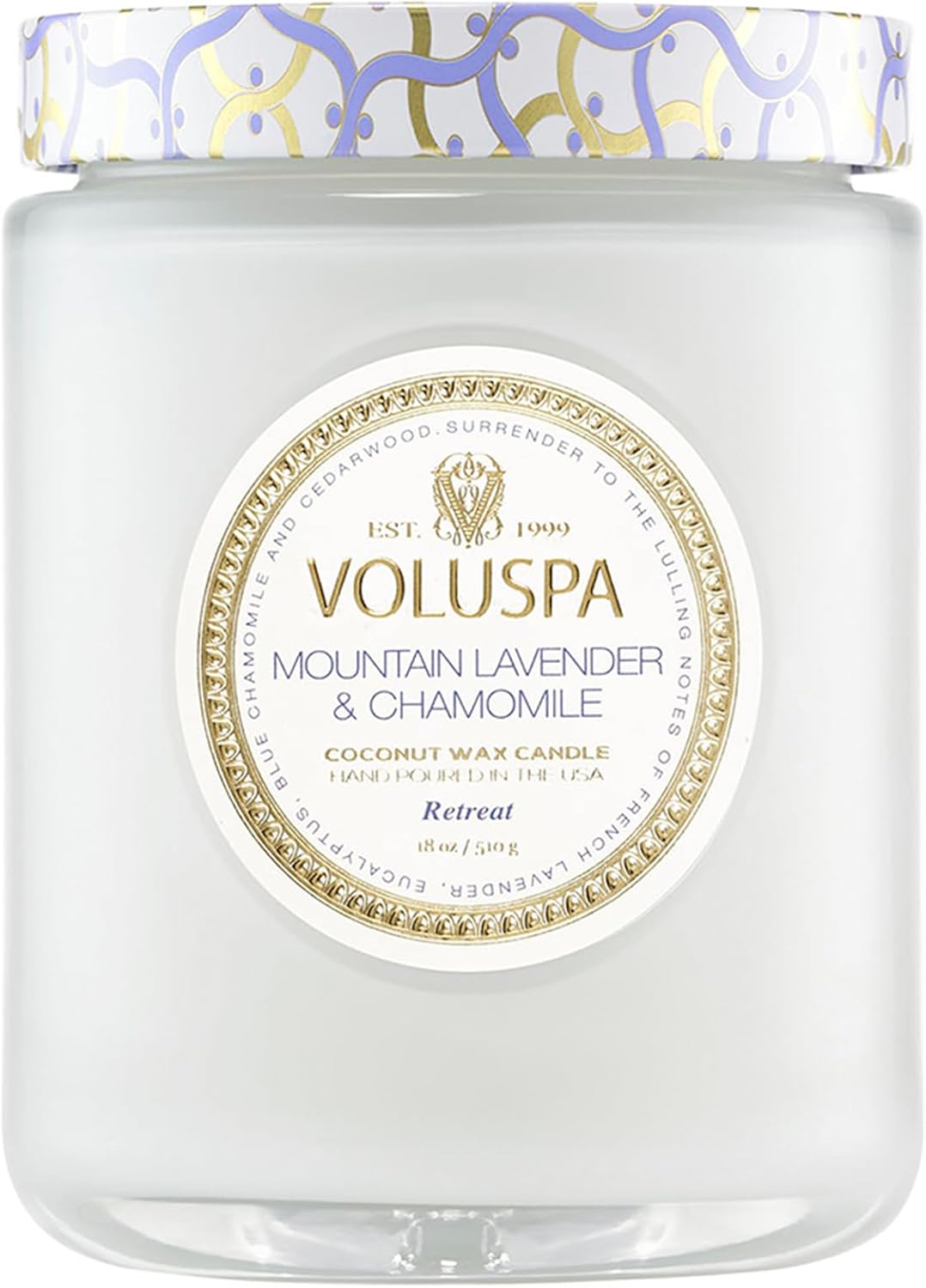 Voluspa French Cade Lavender Large Scented Candle Jar 18 Oz, 100 Hr Burn | Coconut Wax Blend in Decorative Glass, Clean Even Burn, USA Handcrafted Gift for Hosts, Fragrance Lovers & Relaxed Rooms