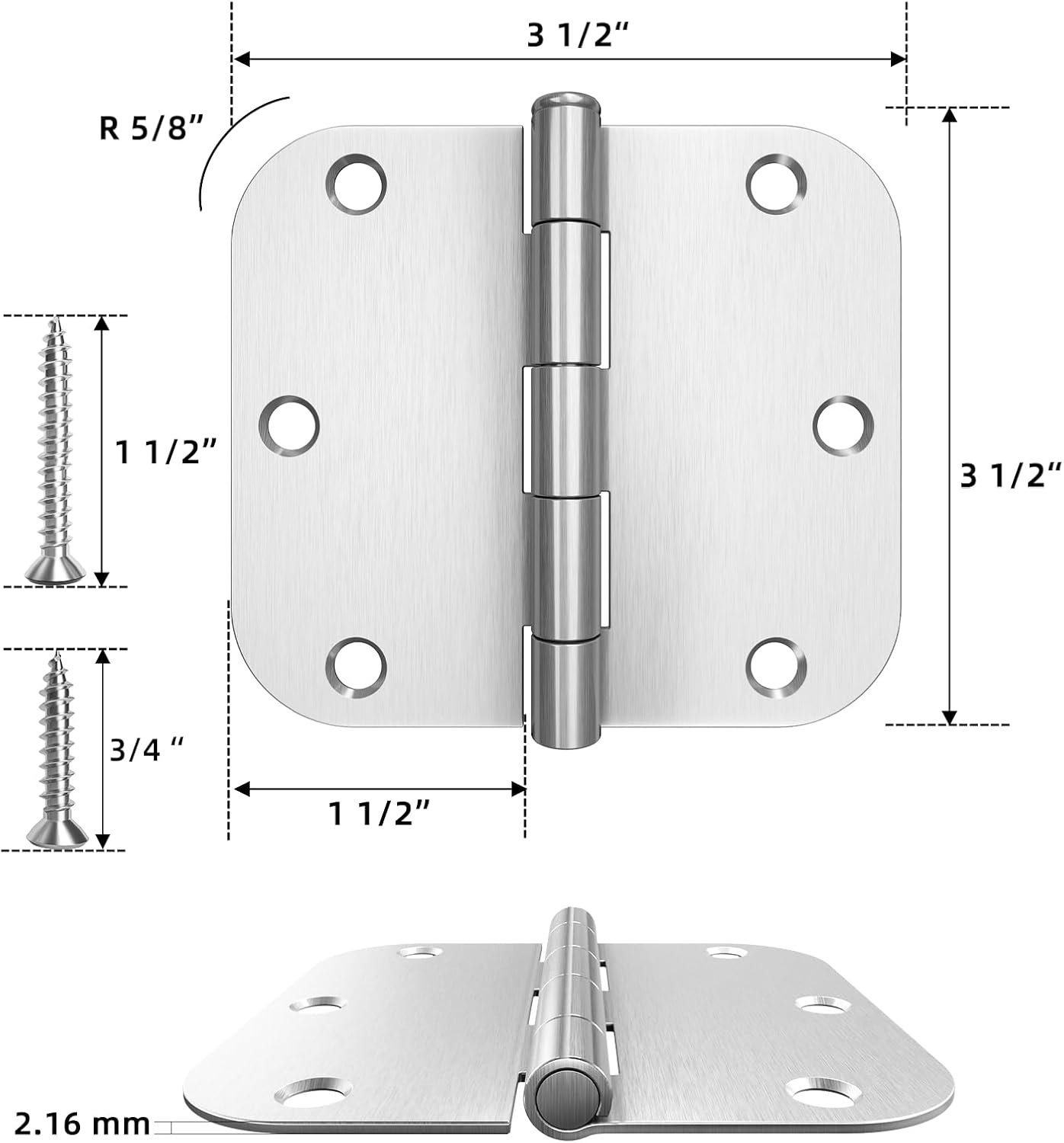 HOSOM 18 Pack 3.5 Inch Brushed Nickel Interior Door Hinges, 5/8 Radius, Satin Nickel 3 1/2 Interior Door Hinges, 3.5 "x 3.5" Silver Hardware