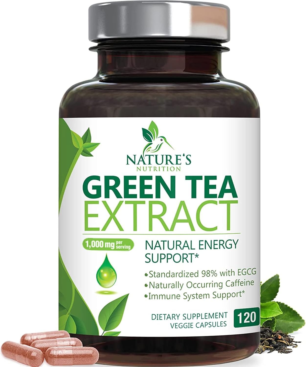 Green Tea Extract Capsules - 3X Strength Green Tea Extract 1000 mg Per Serving Pills with 45% EGCG & 98% Polyphenols for Natural Energy - Antioxidant Herbal Heart Support Supplement - 240 Capsules