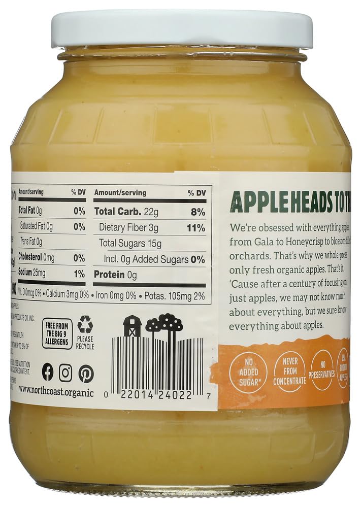 North Coast Organic Honeycrisp Apple Sauce, No Added Preservatives, No Added Sugar, Kosher, USDA Certified Organic, Gluten Free & Non-GMO, 24 Ounce
