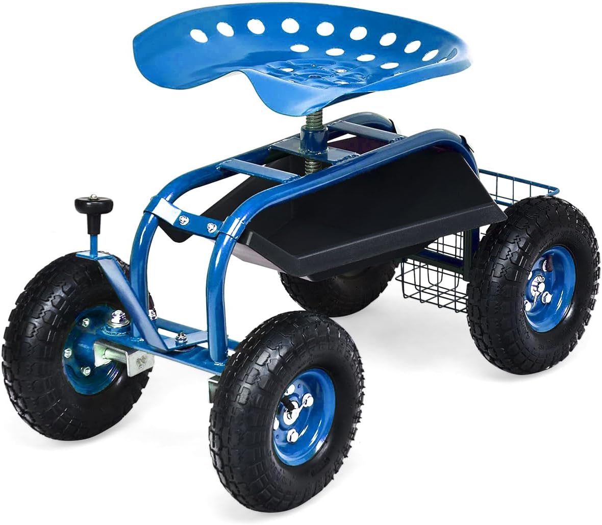 Goplus Rolling Garden Cart with Seat, Outdoor Garden Stool with Wheels, Tool Tray & Basket, Adjustable Steering Handle