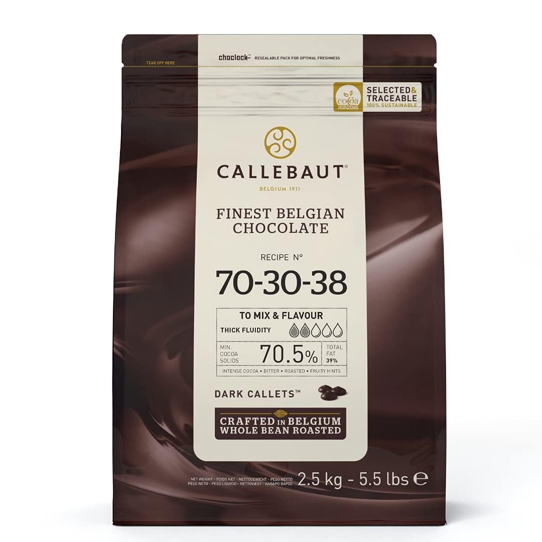 Callebaut Recipe No. 70-30 Finest Belgian Dark Chocolate Callets 2.5kg Bag | 70.5% min dry cocoa solids, 38.9% fat