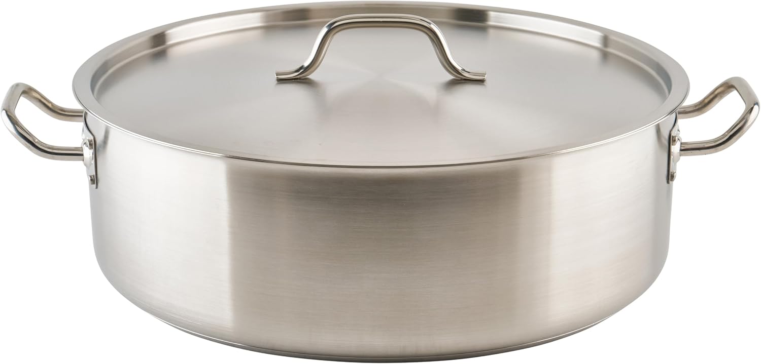 Winco 15 qt Stainless Steel Brazier Pan with Lid | Flat bottom, Wide base, Riveted handles, Induction safe, Great for Braising, Simmering, Batch Cooking and Restaurant Kitchens