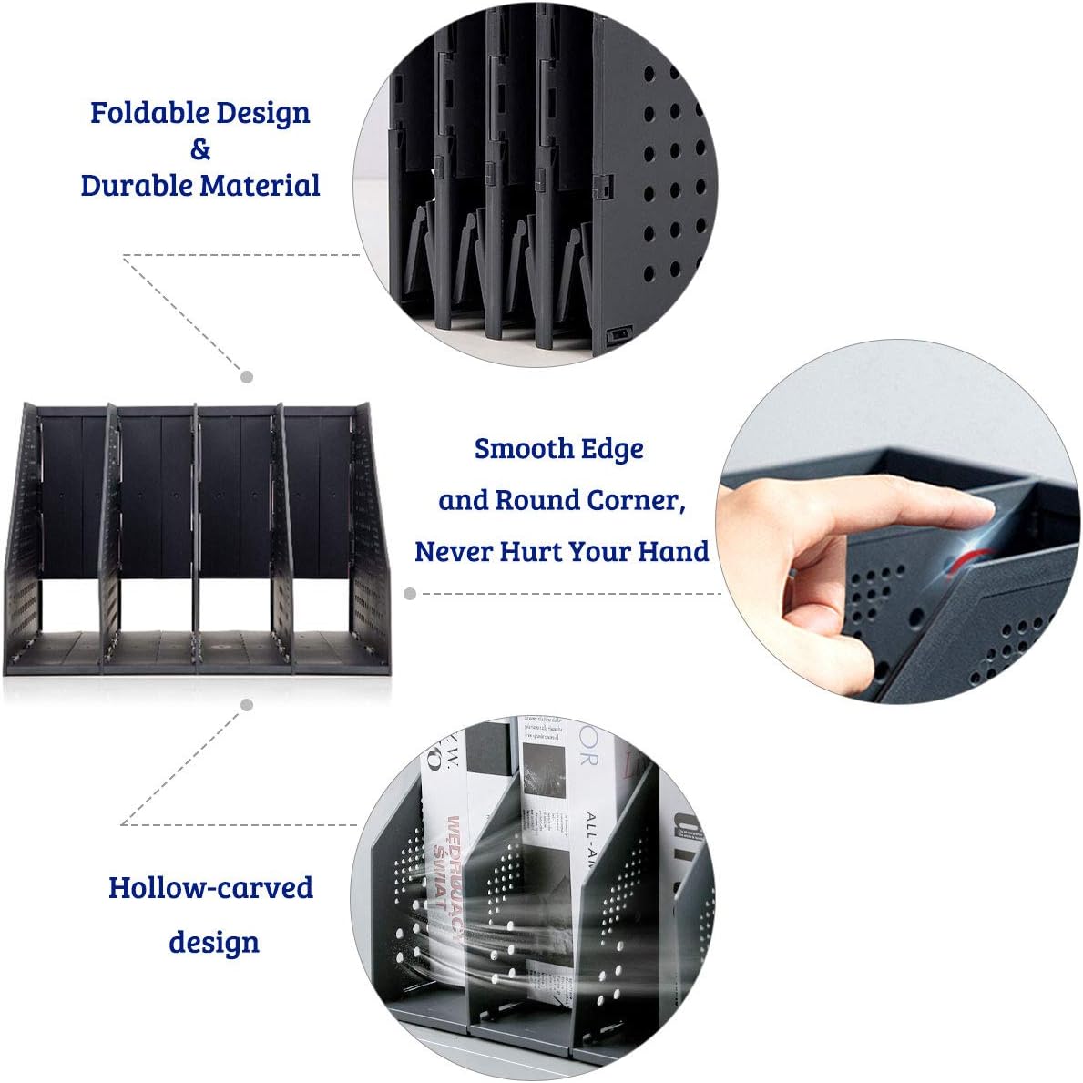 SAYEEC Collapsible Magazine Holder Plastic Desktop 4 Compartment File Rack Magazine Organizer Vertical File Divider Sorter Storage Document
