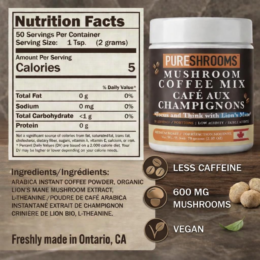 PureShrooms Mind & Body Mushroom Coffee - Instant Colombian Arabica with Organic Lion’s Mane, Reishi & Cordyceps - Low Acidity Nootropic Superfood Beverage for Focus & Vitality, 35 Servings/70g