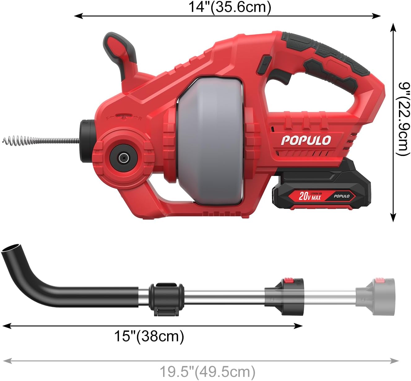 POPULO 20V Cordless Electric Drain Snake, 25Ft Replaceable Cable with 2.0Ah Battery, Extension Tube & Charger