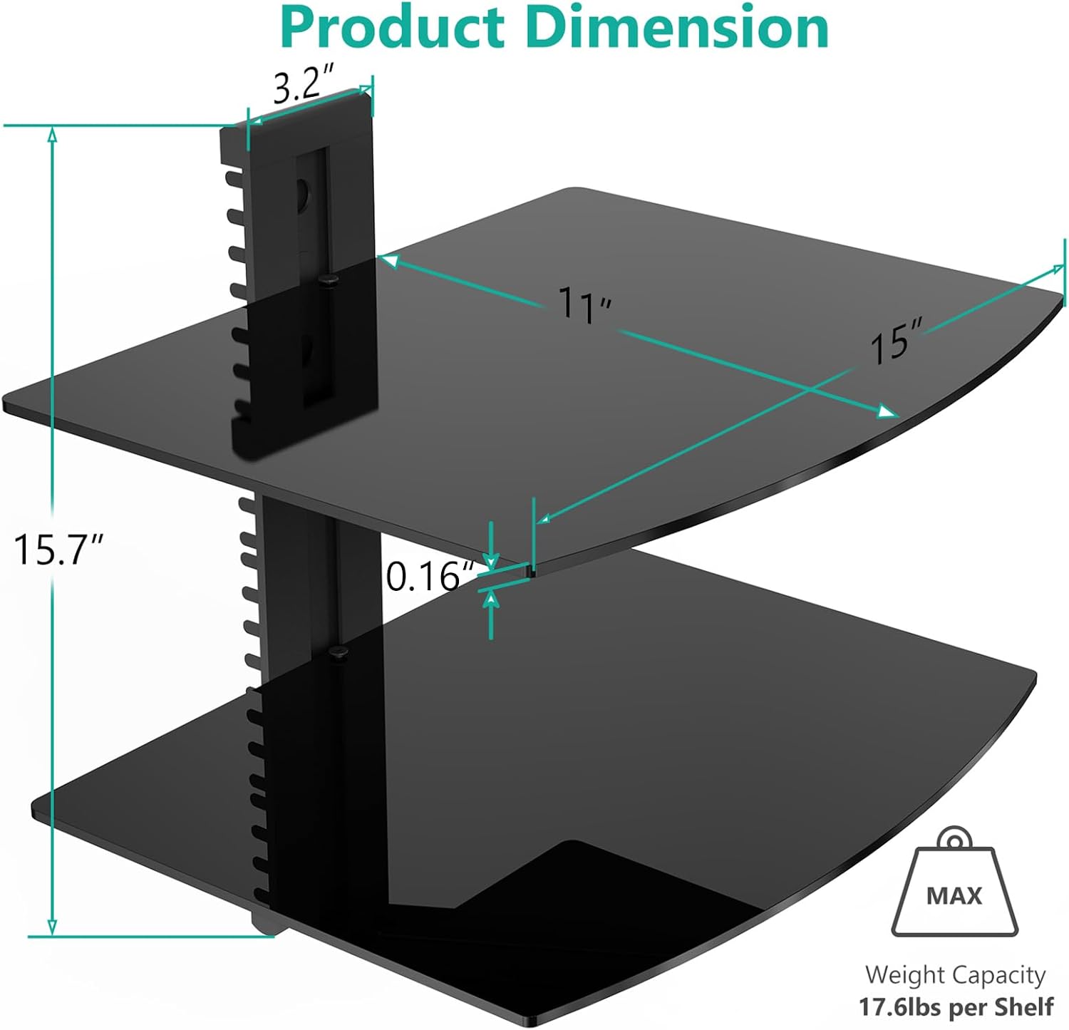 WALI Floating TV Shelf, 2 Tier Glass Projector Shelf for DVD Players, Routers, Game Consoles, Cable Boxes, Living Room Decor, Wall Mount Shelves Hold Up to 17.6lbs (CS202B), 2-Shelf, Black