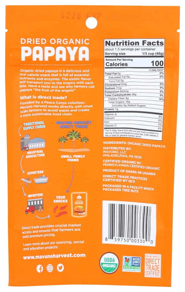 Mavuno Harvest - 100% Organic All Natural Dried Fruit Papaya - 2 oz.(pack of 2)