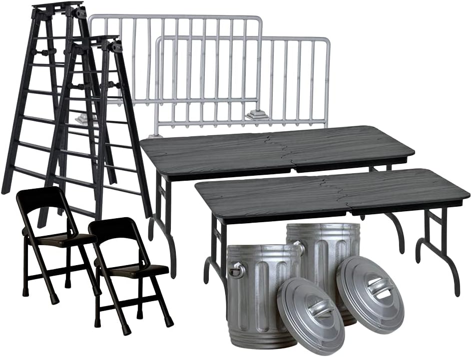 Set of 10 Accessories for Wrestling Action Figures | Double the Match Action with 2 Tables, 2 Chairs, 2 Ladders, 2 Trash Cans & 2 Guardrails