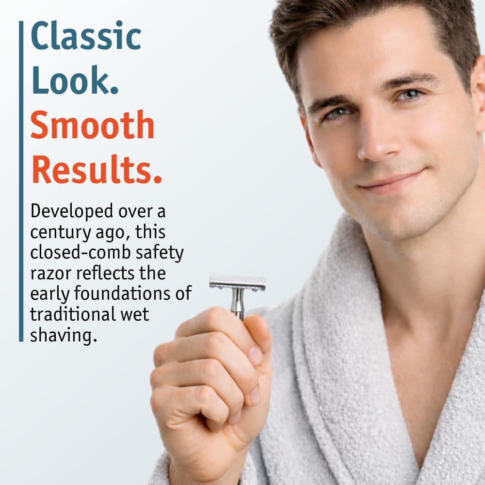 MERKUR 23C Double Edge Safety Razor - Polished Chrome, Long Knurled Brass Handle, Made in Germany, Plastic-Free, Three Piece Design, Closed Comb, Straight Bar