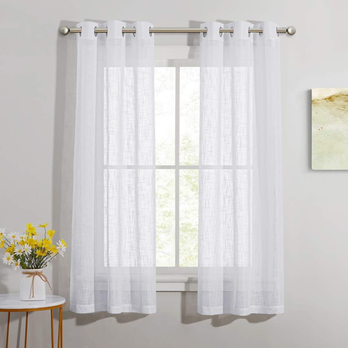 NICETOWN Linen Curtains White Semi Sheer 72 inch Long for Windows, Privacy with Light Filtering Grommet Top Window Treatments for Bedroom/Living Room