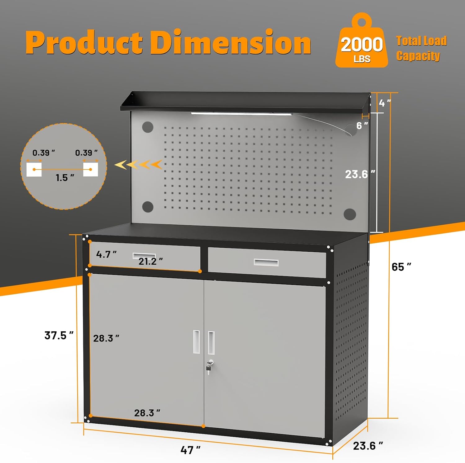 65" Heavy Duty Garage Workbench with Storage Drawers & Pegboard, 2000lbs Capacity Metal Work Bench with Lockable Magnetic Cabinets