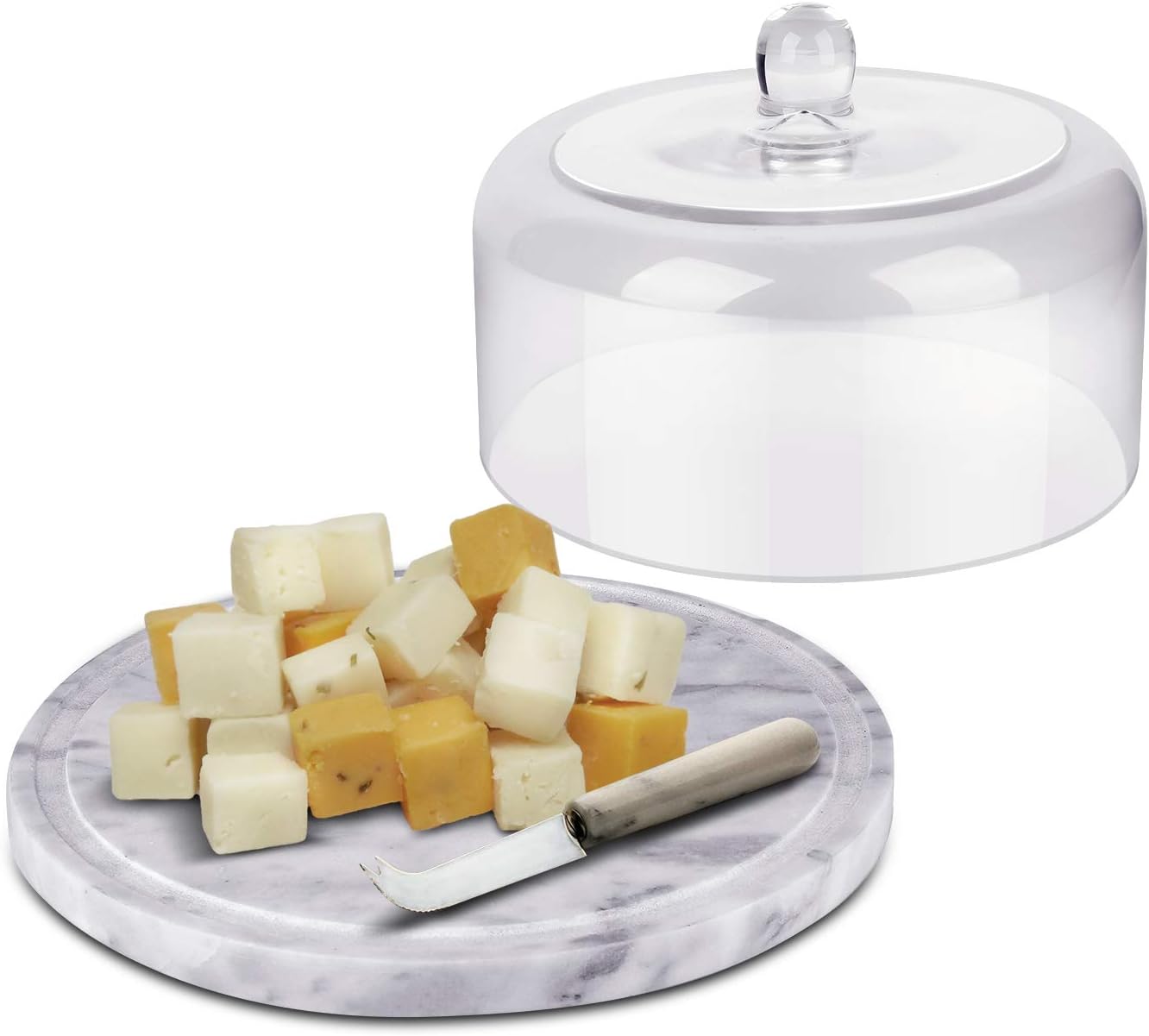 Flexzion Marble Cake Stand with Glass Dome Lid, 8.7-Inch Serving Plate