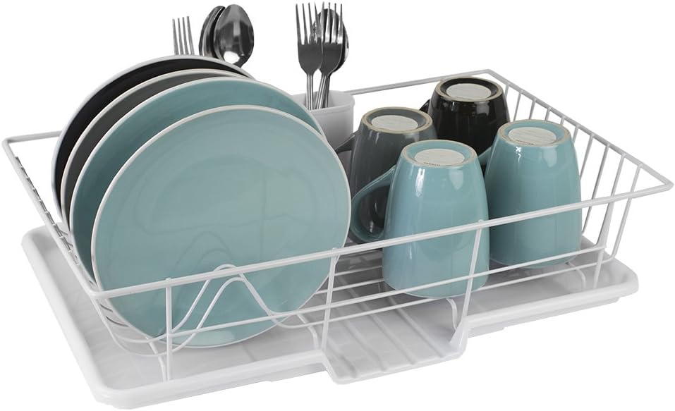 Home Basics 3 Piece Vinyl Coated Steel Dish Drainer, White