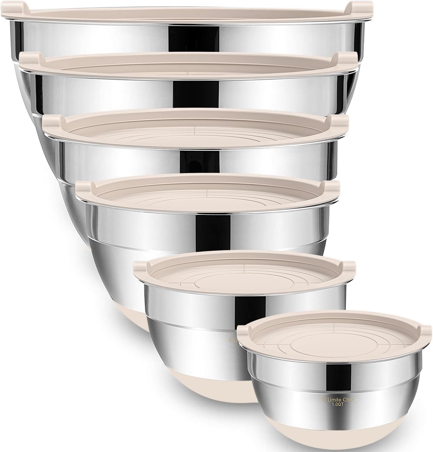 Umite Chef Mixing Bowls with Airtight Lids, 6 Piece Stainless Steel Metal Bowls, Measurement Marks & Colorful Non-Slip Bottoms Size 7, 3.5, 2.5, 2.0,1.5, 1QT, Great for Mixing & Serving