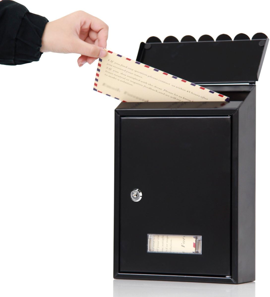 Locking Mailbox Wall Mount for Outside– Jssmst Mailboxes with Key Lock for Front Door Fence, Large Capacity Letter Box, 14.3 x 4.1 x 11.8 Inch, Black, SM-HPB911BN