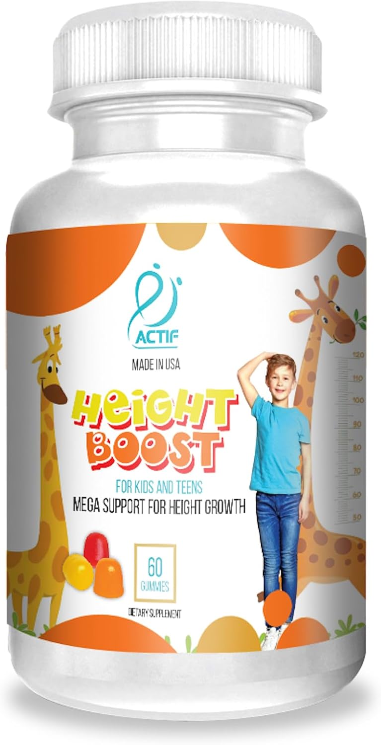 Actif Height Boost Mega Support for Height Growth with 10+ Factors, Height Supplement for Kids and Teens, 60 Gummies, Strawberry Flavor