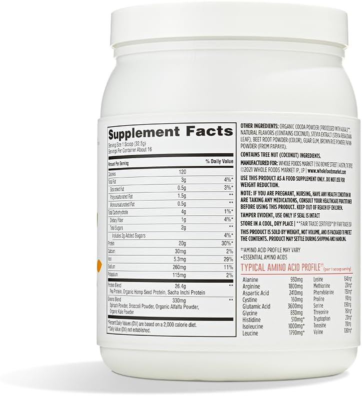 Whole Foods Market, Plant Protein & Greens, Rich Chocolate, 18 oz