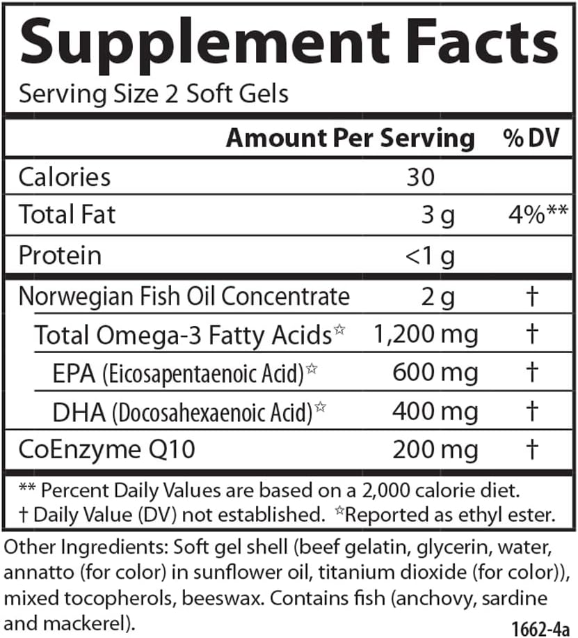 Carlson Super Omega-3 Gems + CoQ10, 1200 mg, Omega-3s, 60 Softgels | 200 mg CoQ10; Norwegian; Wild Caught; Sustainably Sourced