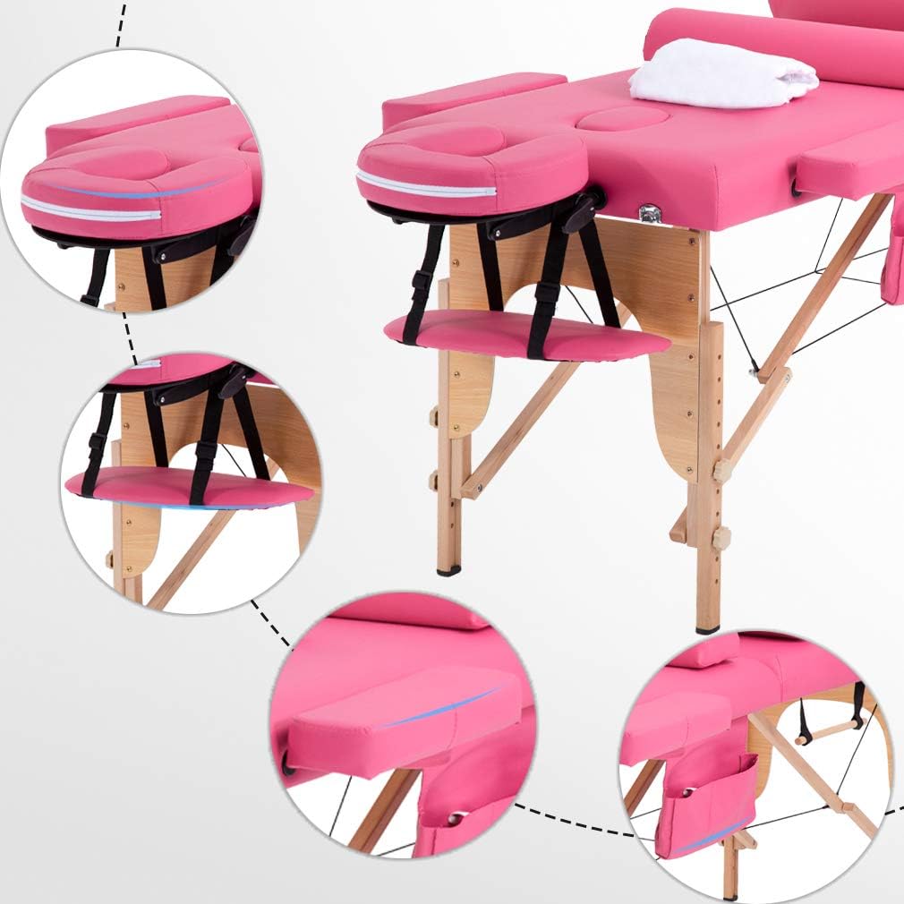 BestMassage Massage Bed Portable Massage Table 28 inch Wide Lash Bed Height Adjustable 2 Folding Spa Table with Towel Hanger Oil Pouch Half Bolster Round Bolster Non-Woven Bag